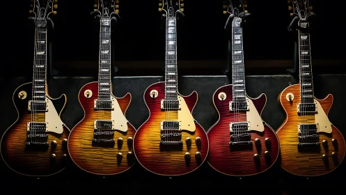 Row of sunburst electric guitars displayed under focused light