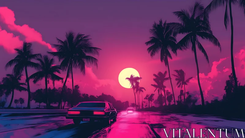 Palm-lined coastal highway under neon sunset light.