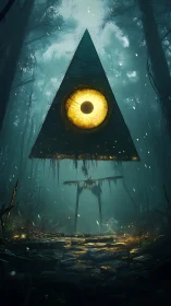 Giant triangular eye monument glows above misty forest path