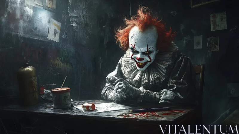 Cinematic horror portrait of sinister clown at bloodstained desk.