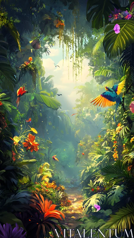 Sunlit tropical jungle trail alive with vivid parrots and flora.