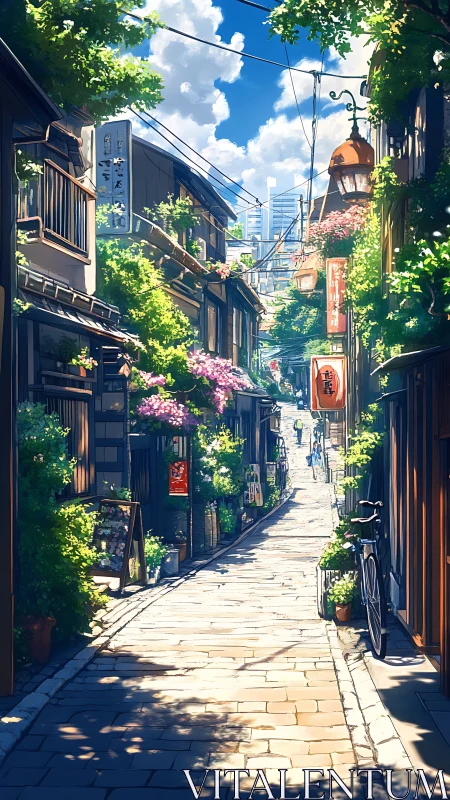 Sunlit alleyway blends lush greenery with quiet city edge