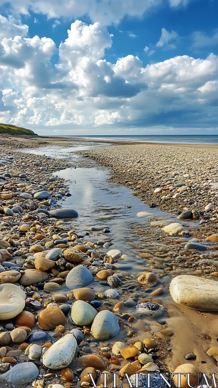 Pebble shore stream under expansive coastal sky.
