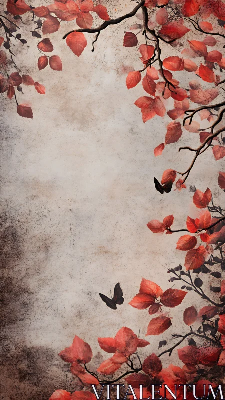Red foliage and butterflies frame a textured neutral background