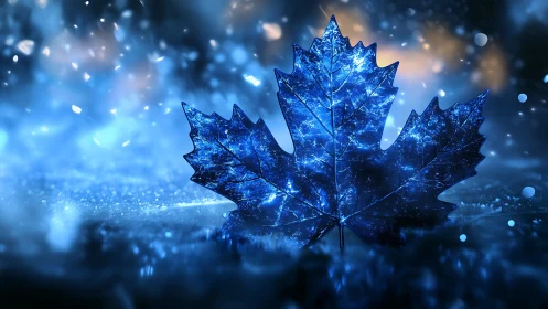 Luminous blue maple leaf glows against defocused bokeh field