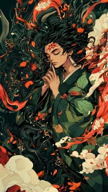 Meditative warrior enclosed in swirling botanical and flame motifs