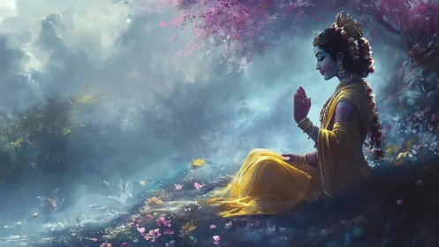 Meditating goddess in saturated misty grove with diffuse rim lighting