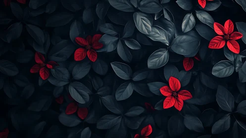 Red five-petaled flowers among dark desaturated foliage.