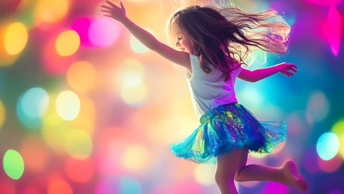 Child in motion against colorful defocused light field.