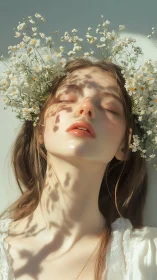 Young woman with white flowers and soft sunlight shadows.