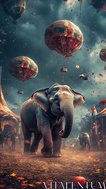Elephant walking under circus balloons in stormy midway.