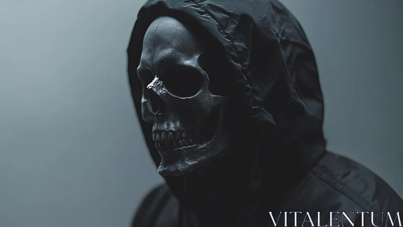 Side profile of hooded skull mask in muted lighting.