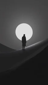 Silhouetted figure on dune against oversized backlit moon