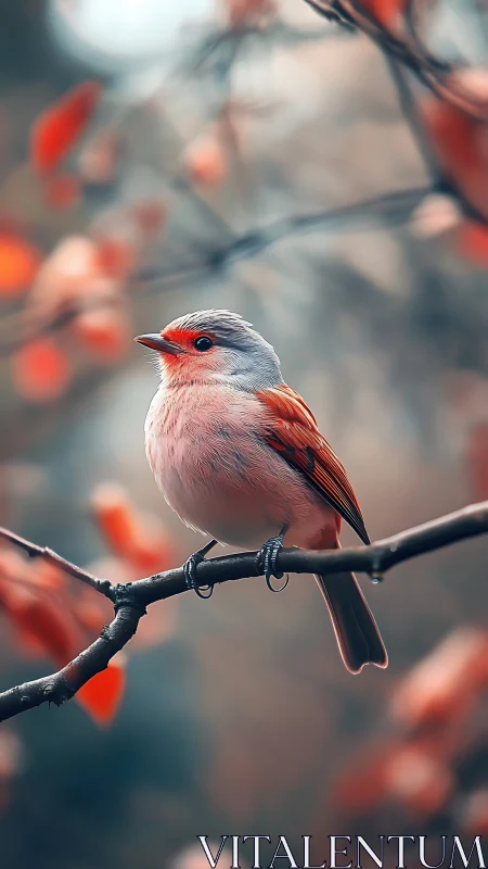 Chromatic songbird on branch in shallow-depth bokeh field.