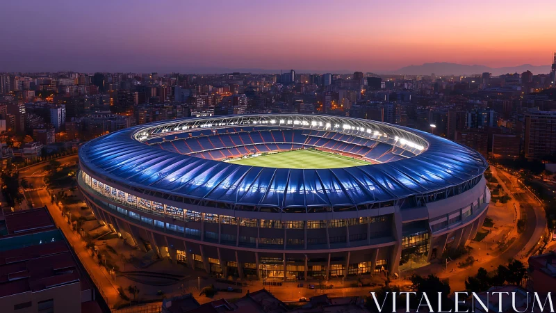 Illuminated urban football stadium during evening twilight.