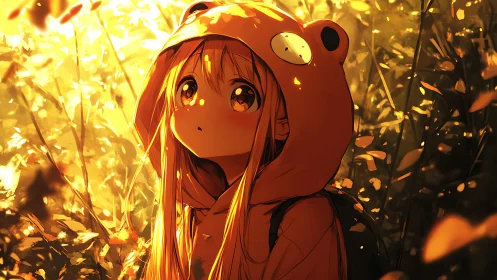 Girl in orange hoodie under warm golden forest light.