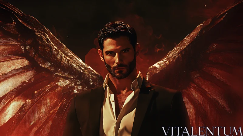 Winged male figure in suit stands against dark red backdrop