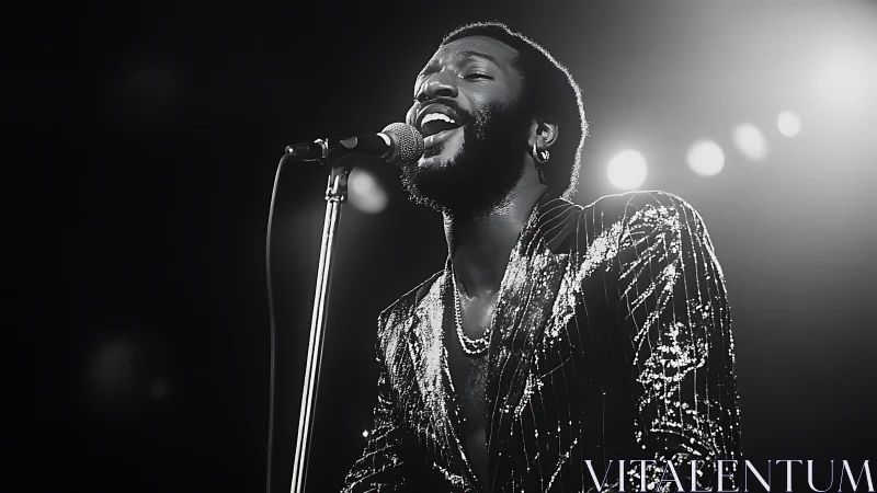 Male vocalist performing under stage lights in monochrome.