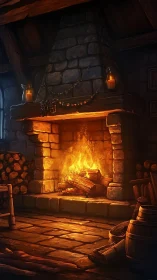 Tavern Hearth Fire Glowing in Medieval Stone Fireplace.