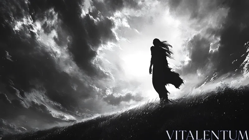 Wind-torn wanderer walks the storm edge of a silver sky