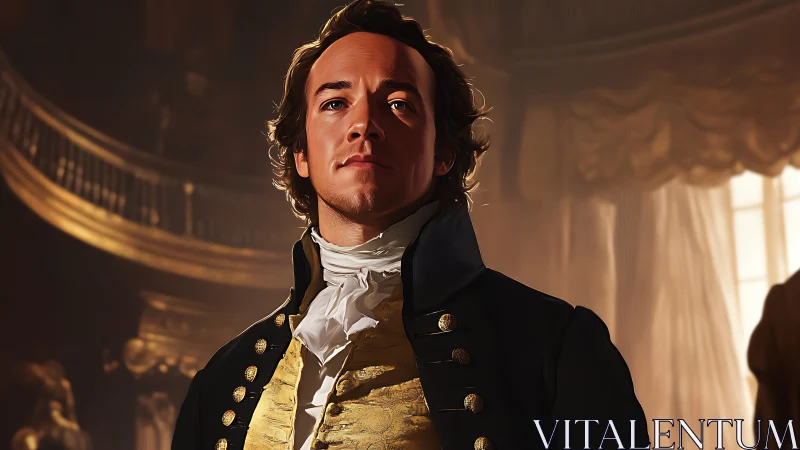 Regal young officer stands in baroque hall, warm light