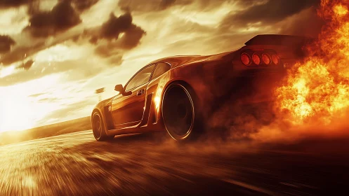 Flaming sports car racing through molten sunset highway.