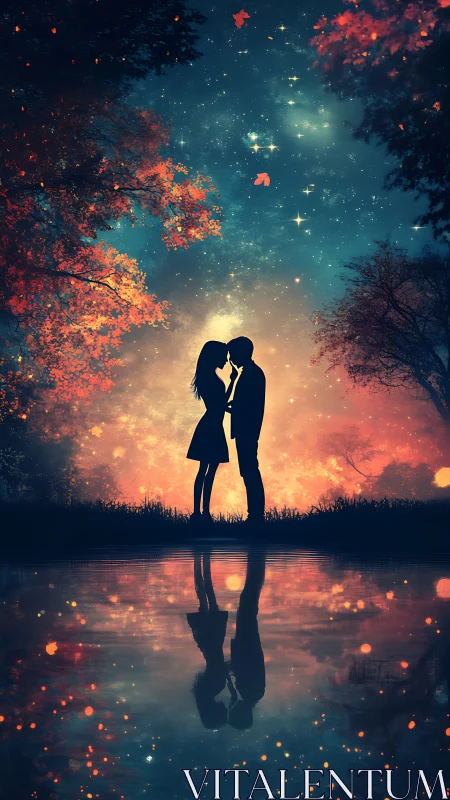 Silhouetted Lovers Beneath Celestial Fire.