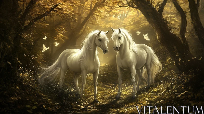 Twin white unicorns glow in golden enchanted forest