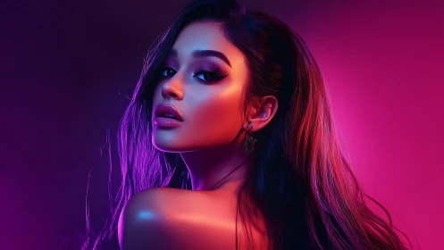 Neon-lit digital portrait of woman in cinematic rim light.