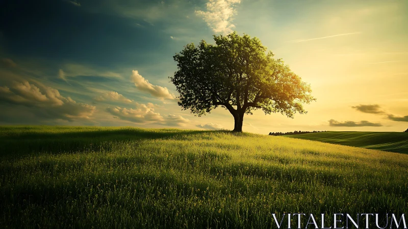 Solitary tree stands on grassy hill under directional sunset
