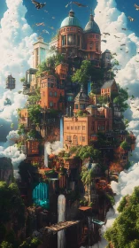 Vertical floating city tower with waterfalls and greenery.