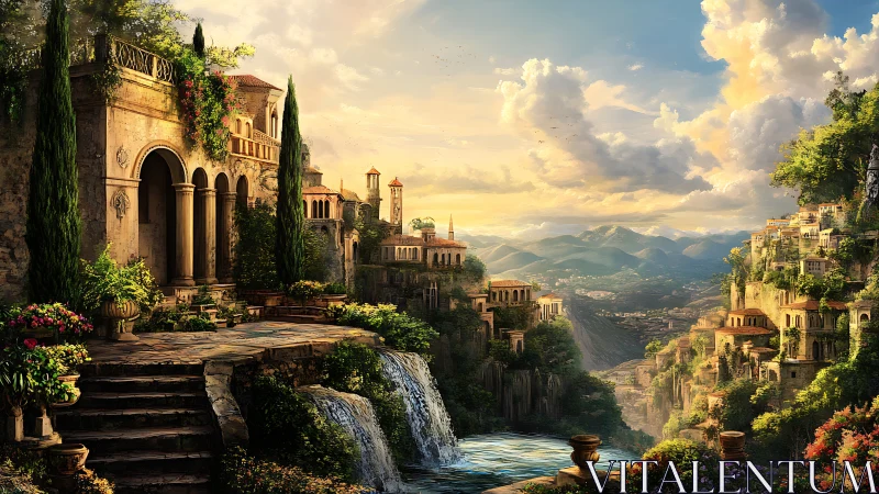 Terraced hillside architecture overlooks waterfalls and valley