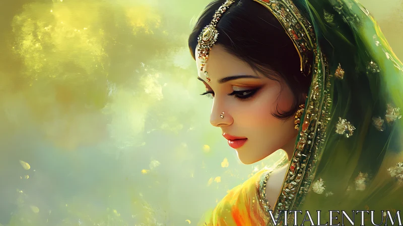 Side portrait of woman in ornate green and gold attire.