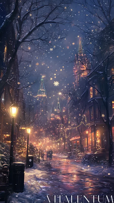 Snowlit festive street renders luminous urban winter evening