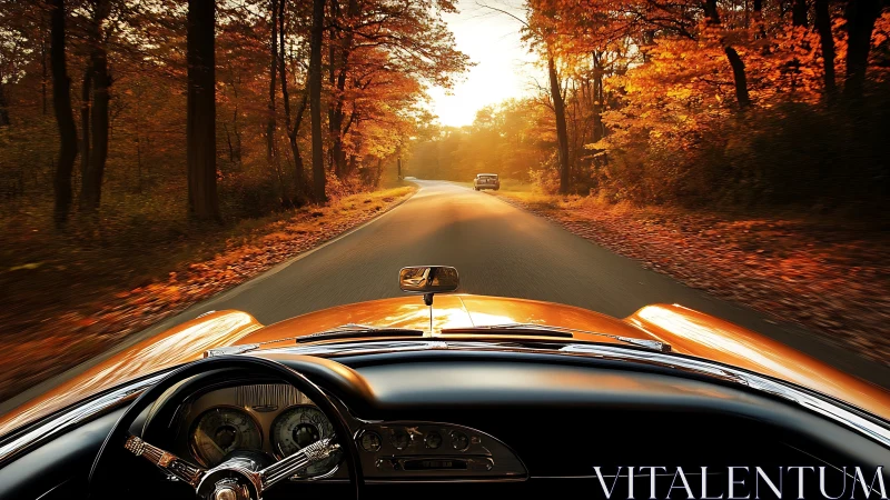 Vintage roadster cockpit on winding autumn forest highway