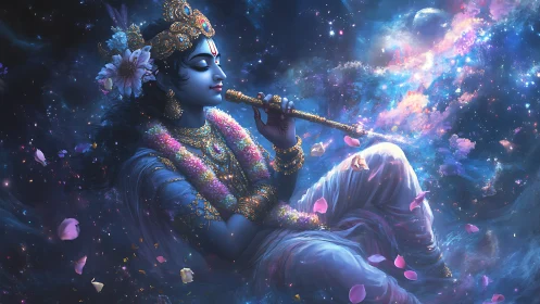 Celestial blue musician resting in a dreamy cosmic garden.