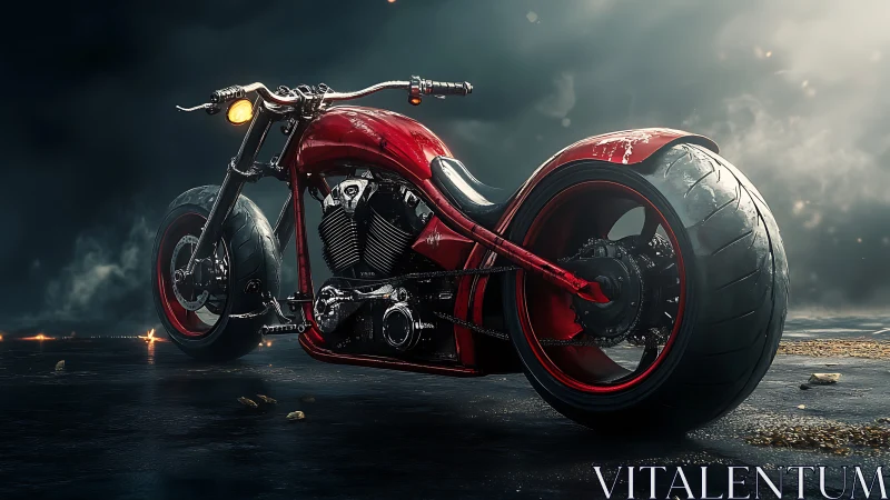Custom red chopper motorcycle under cinematic storm light.