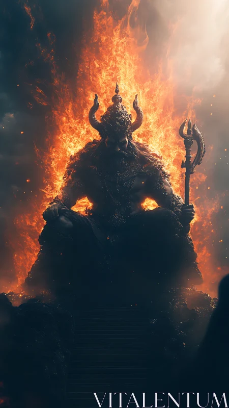 Infernal horned deity on molten throne framed by volumetric fire