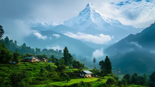 Snow peak rises above misty valley village in verdant hills