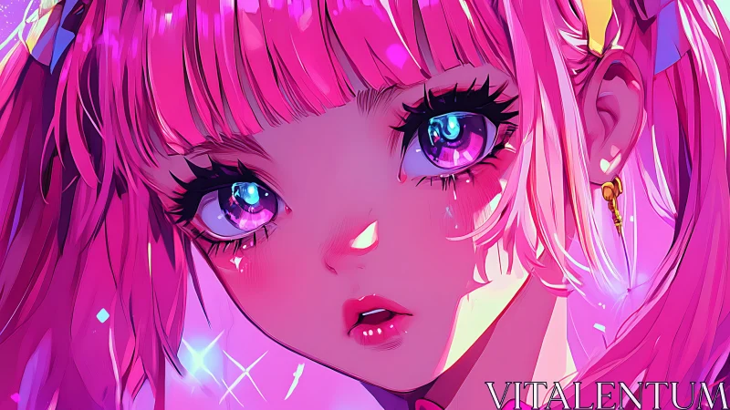 Close-up portrait of pink-haired anime girl in neon light.