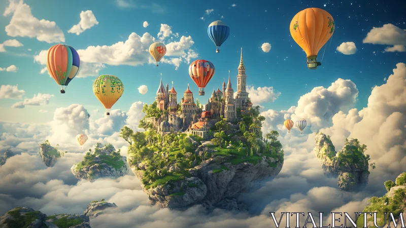 Skyborne castle isle drifting with festive hot air balloons.