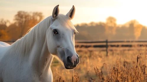 White horse in golden sunset pasture, warm autumn light.