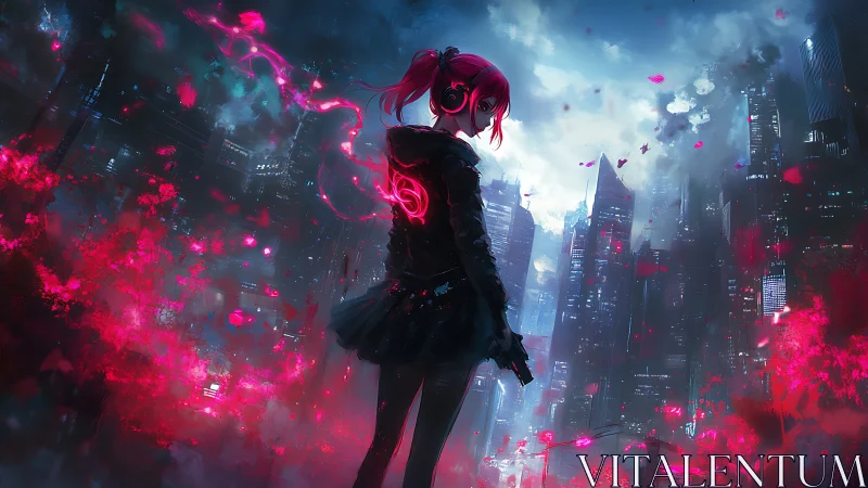 Neon-haired girl commands glowing cityscape in red storm.