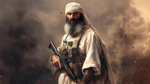 Armed man in tactical vest amid dense explosion smoke.