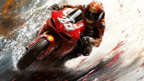 Motorcycle racer carves wet track in explosive motion blur.