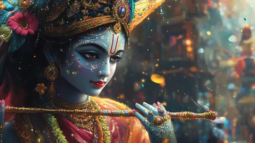 Intricate blue-skinned deity portrait with jeweled flute and glowing bokeh