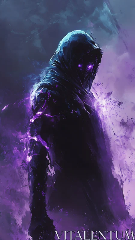 Hooded shadow figure glows with intense purple energy