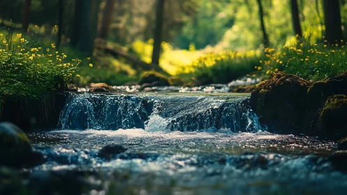 Peaceful forest stream with wildflowers in soft natural light.