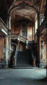 Grand decaying staircase in an abandoned baroque palace.