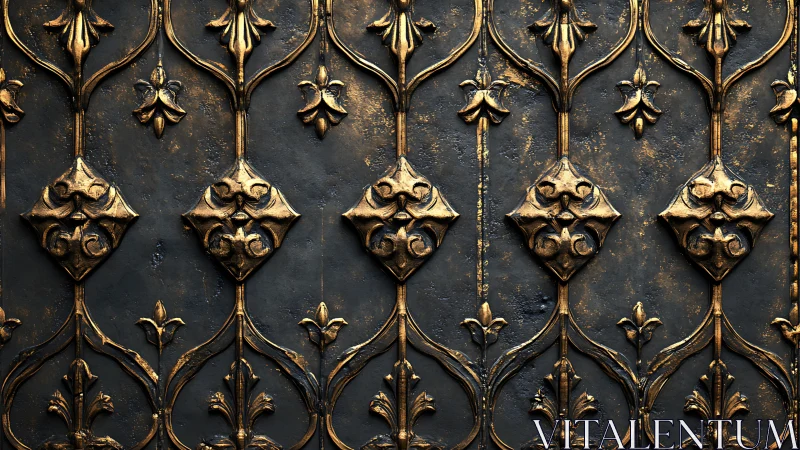 Ornate golden ironwork tells a rich story on dark metal